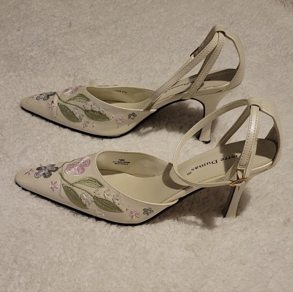 WOMENS PIERRE DUMAS LEATHER POINTED TOE CREAM FLORAL HEELS W/ ANKLE STRAP SZ 7.5 - Picture 6 of 16